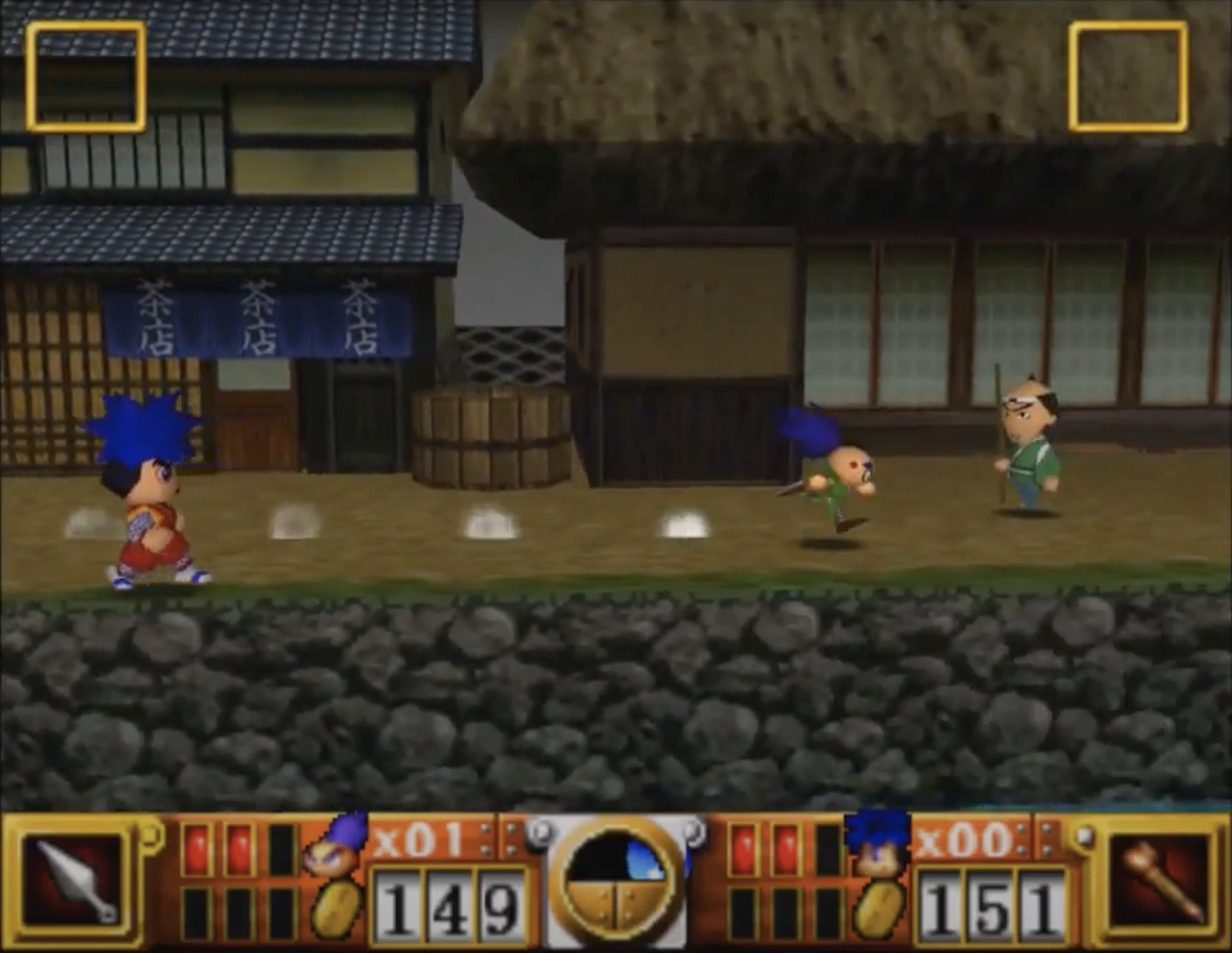 A screenshot from Goemon's Great Adventure, wherein the blue-haired ninja Goemon and the clockwork robot Sasuke explore a town at night.