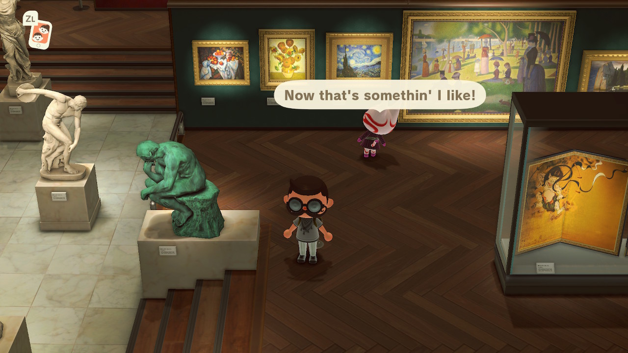 An art gallery in Animal Crossing, with Drew's avatar wearing Coke bottle glasses and sporting a curly moustache. Kabuki, a cat in kabuki makeup, is looking at Vincent van Gogh's The Starry Night and saying 'Now that's somethin' I like!