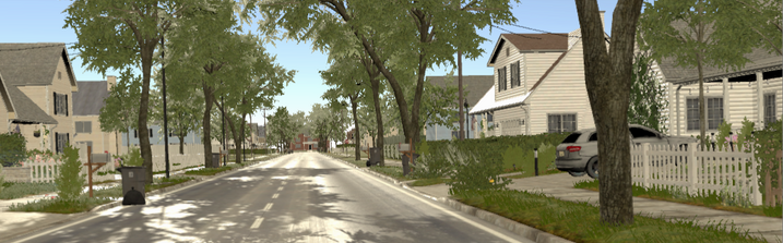 A street in Our America, lined with trees and SUV, white picket fences and single family homes.