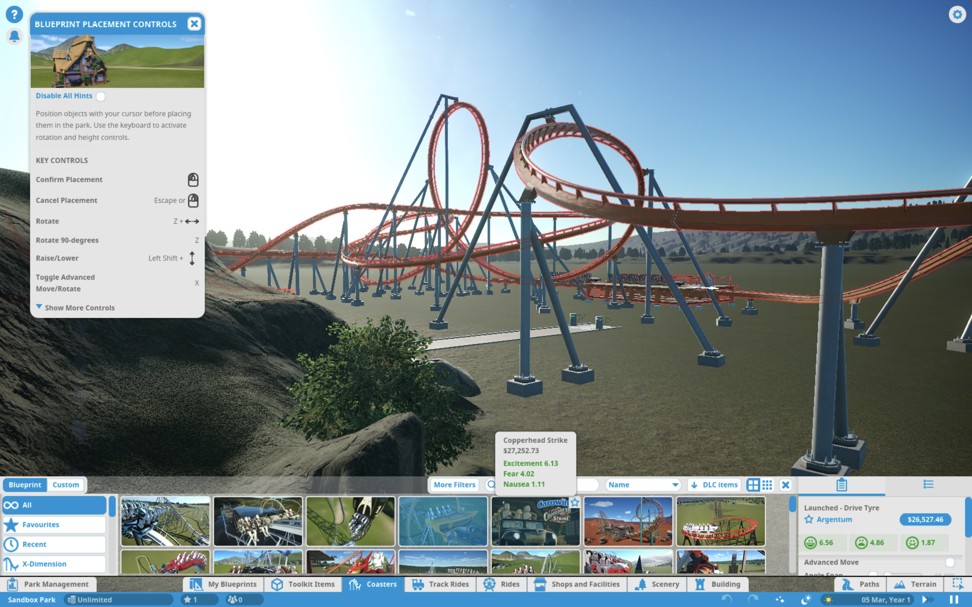 A brand new park in Planet Coaster, with people waiting to ride a yet-to-be-built, still semitransparent roller coaster. Most of the scene is unspoiled empty land, for now. In the upper-right, and in the lower part of the screen, are Anisa's menus, showing costs and benefits for the different kinds of coasters that the player can build.